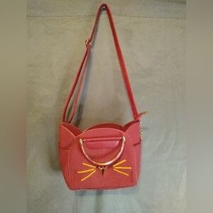 Chic Cat Design Leather Crossbody Red Handbag